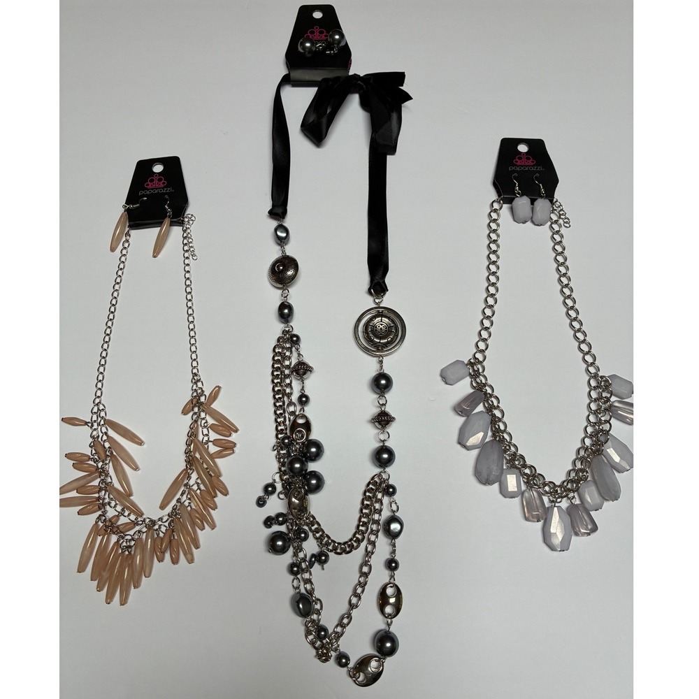 New Paparazzi Jewelry Lot 3 Sets Taupe Grey Bead Gunmetal Pearl Ribbon Necklaces